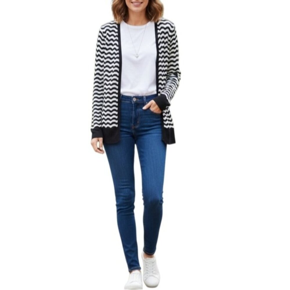 Loft Open Front Cardigan Womens Size Small Black White Chevron Pattern Sweater